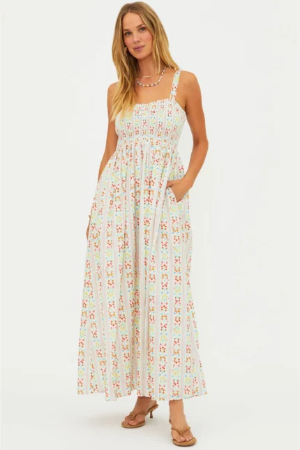 Shop Cari Dress Fruit Blooms featuring a colorful floral print, lightweight fabric, and flattering silhouette perfect for casual summer wear.
