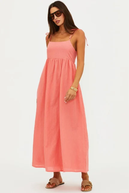 Shop Valory Maxi Dress Coral Sea Linen featuring breathable linen fabric, elegant maxi length, and flattering flowy silhouette for summer wear.