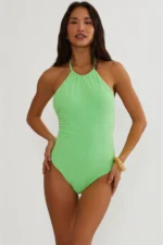 Shop Kristy One Piece Lime Green Terry featuring soft terry fabric, flattering silhouette, and vibrant green one piece swimsuit design.