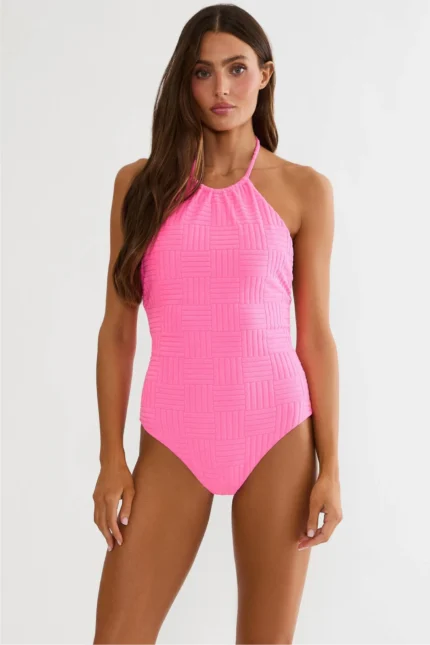 Shop Kristy One Piece Strawberry Moon Terry featuring soft terry fabric, flattering silhouette, and stylish pink one piece swimsuit design.