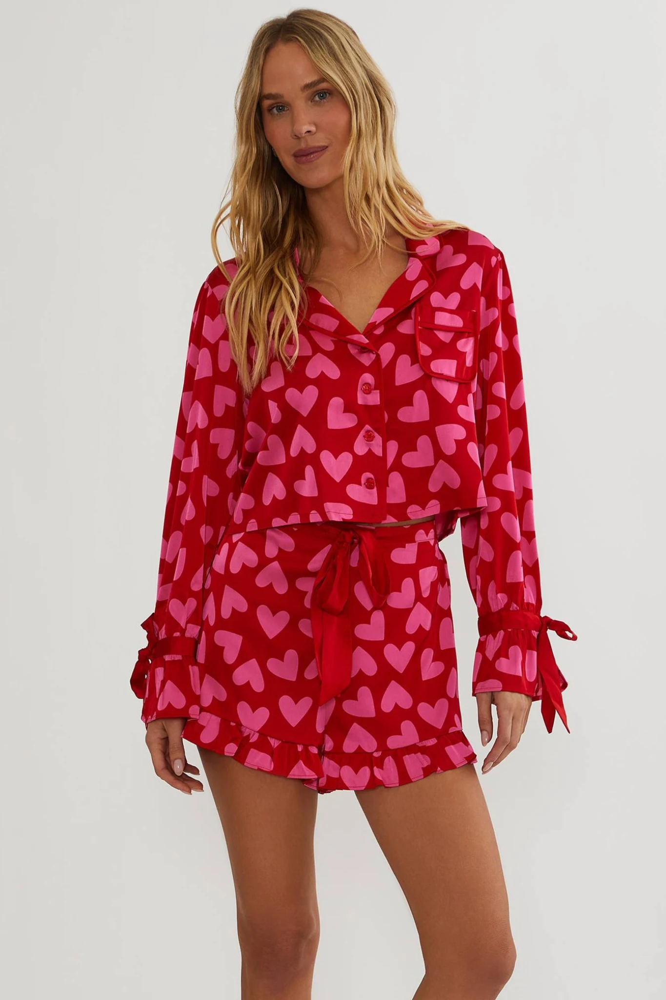 Aurora & Luna PJ Set Valentine Heart featuring soft breathable fabric and red-pink heart pattern, perfect for Valentine Day and cozy home wear